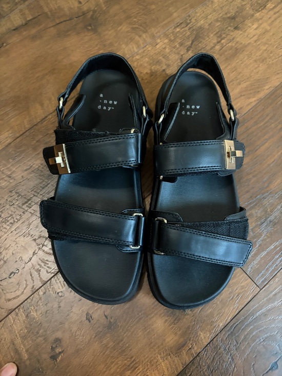 a new day Shoes - a new day Black Leather Strap Sandals with Gold Buckle